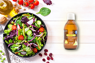 Omega-3 supplement liquid format with lemon flavor can be added to food such as salad dressings