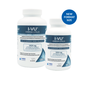 I-VU® OMEGA-3 PLUS supplements for dry eyes ideal daily dose available in two bottle size formats.